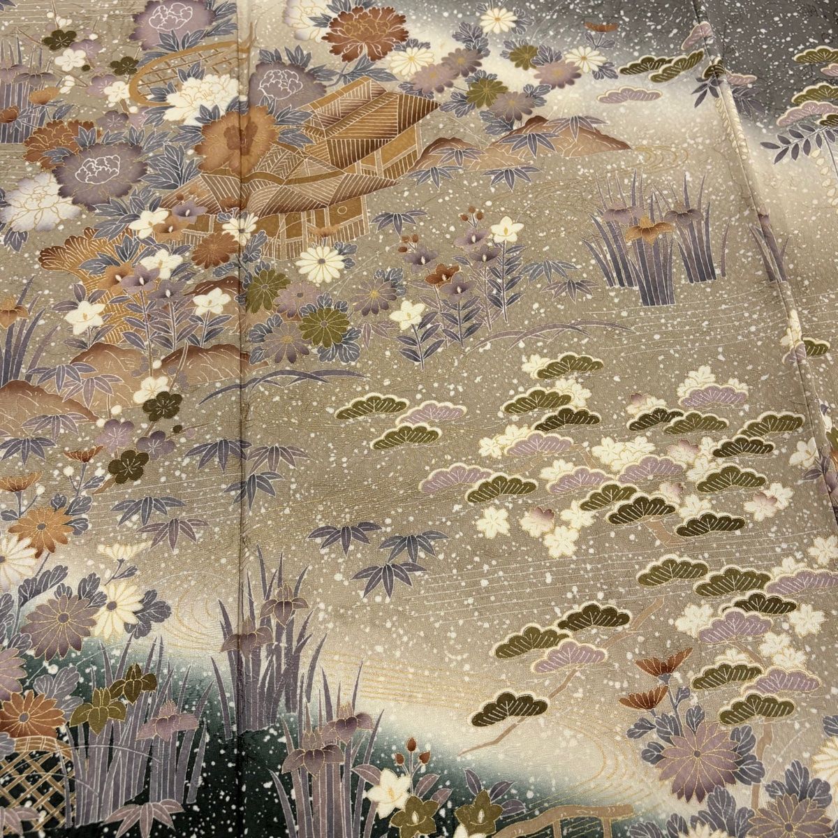  訪問着 身丈156 5 cm 裄丈63 S 袷 家屋 草花 金彩 ぼかし 灰白 正絹 秀品 訪問着 付け下げ 着物