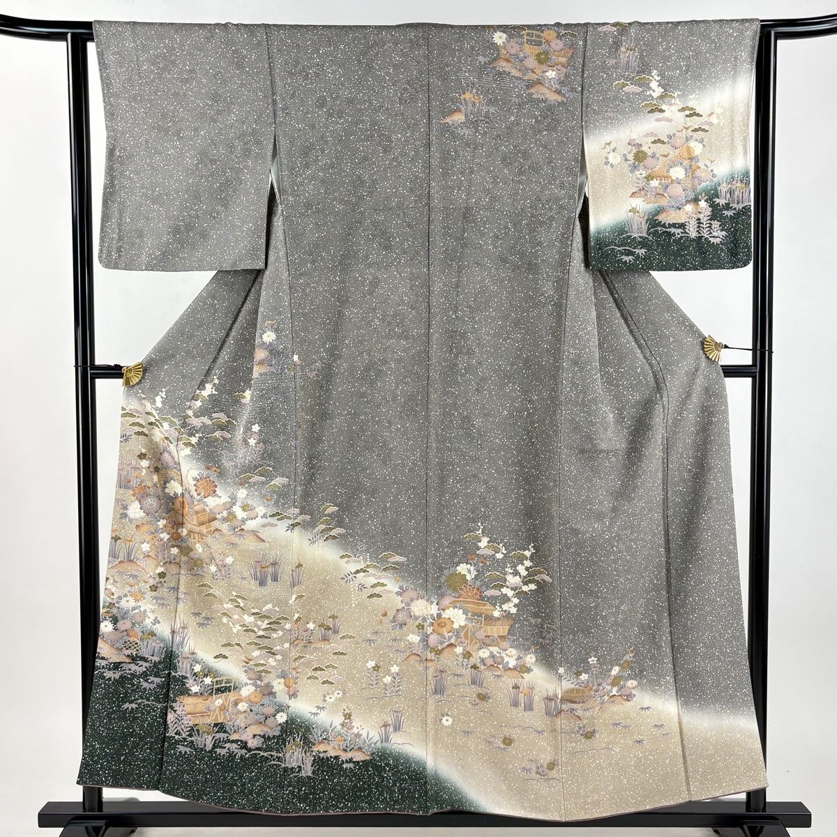 訪問着 身丈156 5 cm 裄丈63 S 袷 家屋 草花 金彩 ぼかし 灰白 正絹 秀品