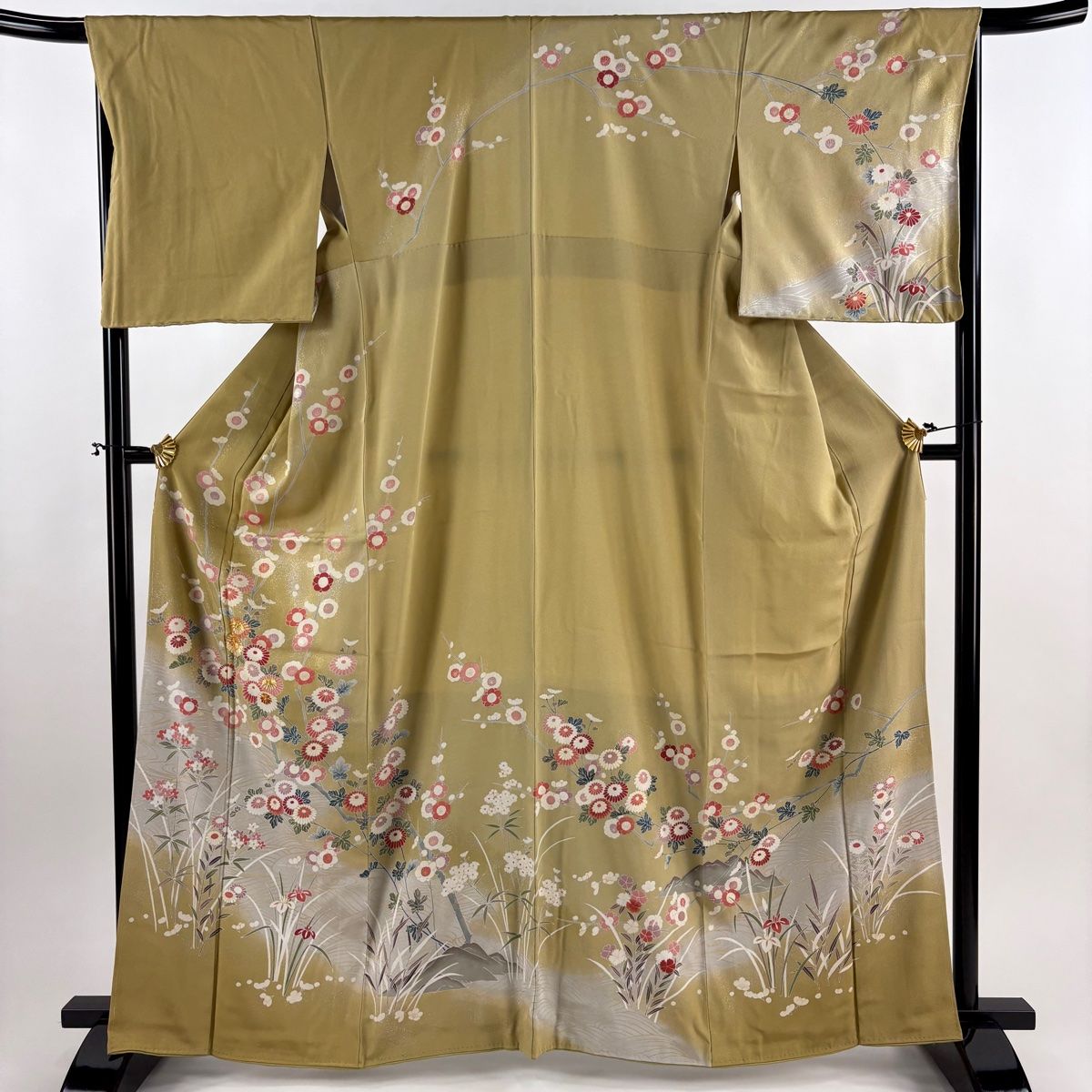 訪問着 身丈165 cm 裄丈67 M 袷 枝梅 菊 金銀彩 抹茶色 正絹 秀品