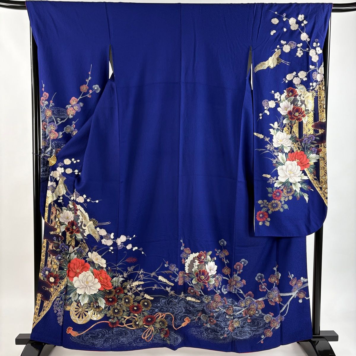 振袖 身丈162cm 裄丈67cm M 袷 花車 鶴 金銀彩 ぼかし 青紫 正絹 秀品