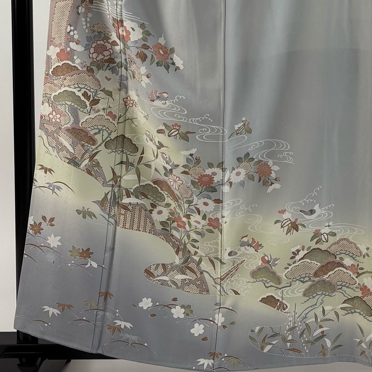訪問着 身丈160 5 cm 裄丈66 M 袷 松竹梅 鴛鴦 染め分け ぼかし 灰色 正絹 秀品