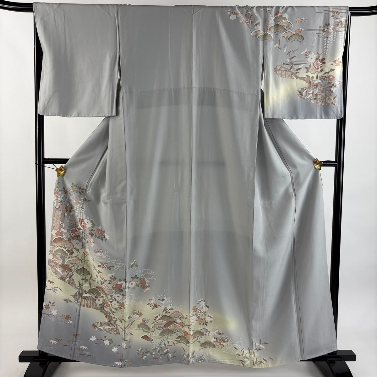 訪問着 身丈160 5 cm 裄丈66 M 袷 松竹梅 鴛鴦 染め分け ぼかし 灰色 正絹 秀品