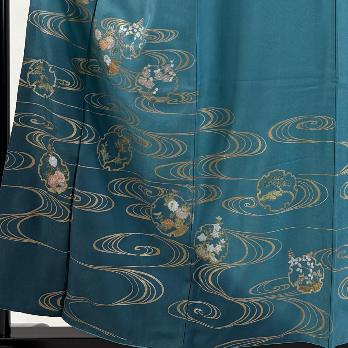 訪問着 身丈158 cm 裄丈64 M 袷 草花 流水 金銀彩 ぼかし 青緑 正絹 秀品 一つ紋