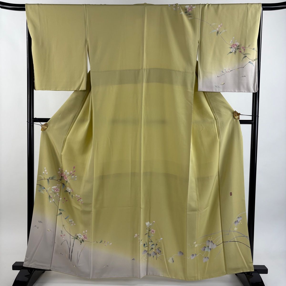 訪問着 身丈161cm 裄丈66.5cm M 袷 落款 枝花 木賊 染め分け ぼかし 抹茶色 正絹 秀品 【】