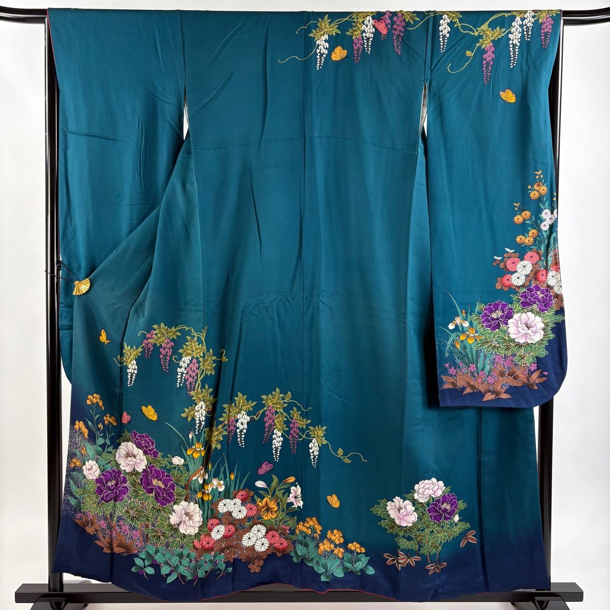 振袖 身丈155cm 裄丈65.5cm M 袷 牡丹 蝶 ぼかし 青緑 正絹 秀品