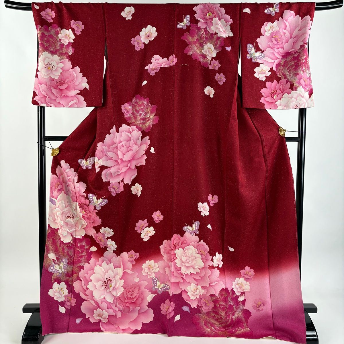 訪問着 身丈170 cm 裄丈71 L 袷 牡丹 蝶 銀通し 箔 赤 正絹 秀品