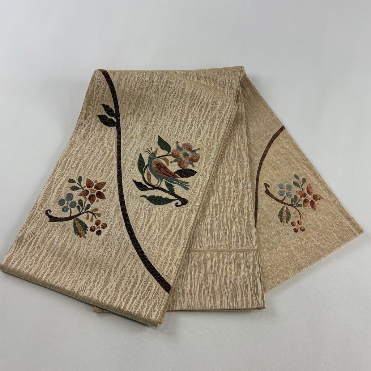 袋帯 秀品 鳥 枝花 金糸 刺繍 ベージュ お太鼓柄 正絹 【中古】 - メルカリ