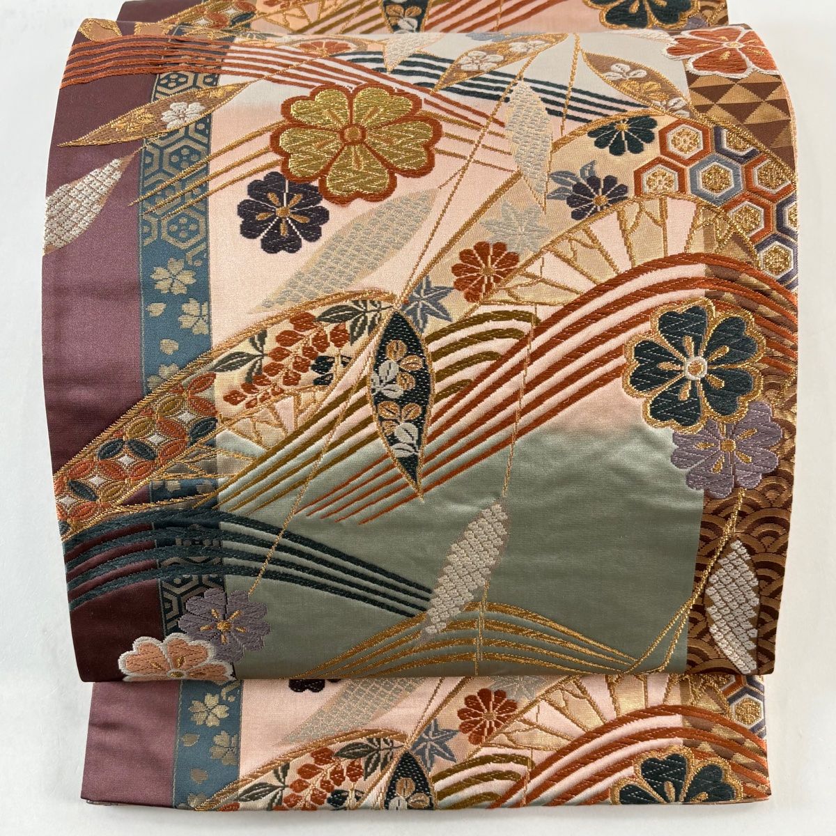 袋帯 秀品 草花 源氏香 唐織 金糸 灰緑 六通 正絹 【中古】 - メルカリ