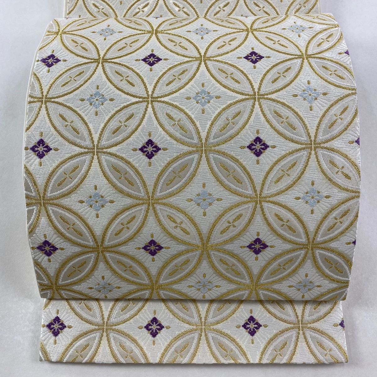 美品】 袋帯 逸品 七宝 花菱 唐織 金糸 灰白 六通 正絹 【中古