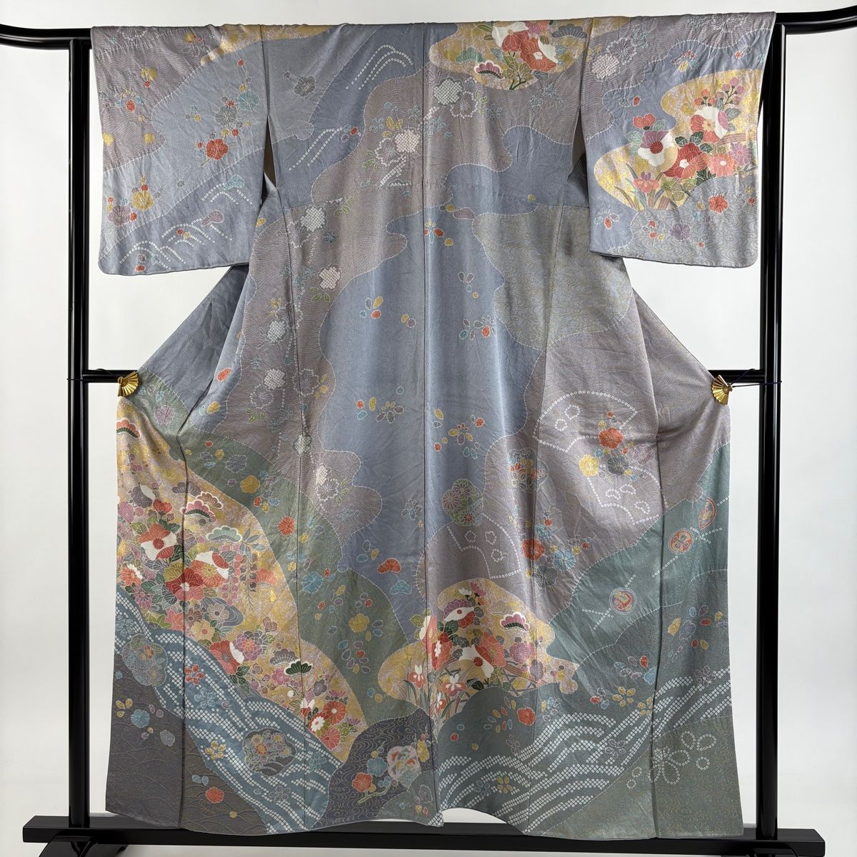 訪問着 身丈156 cm 裄丈64 M 袷 草花 波 金彩 青灰色 正絹