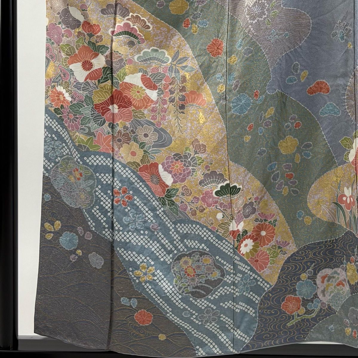 訪問着 身丈156 cm 裄丈64 M 袷 草花 波 金彩 青灰色 正絹