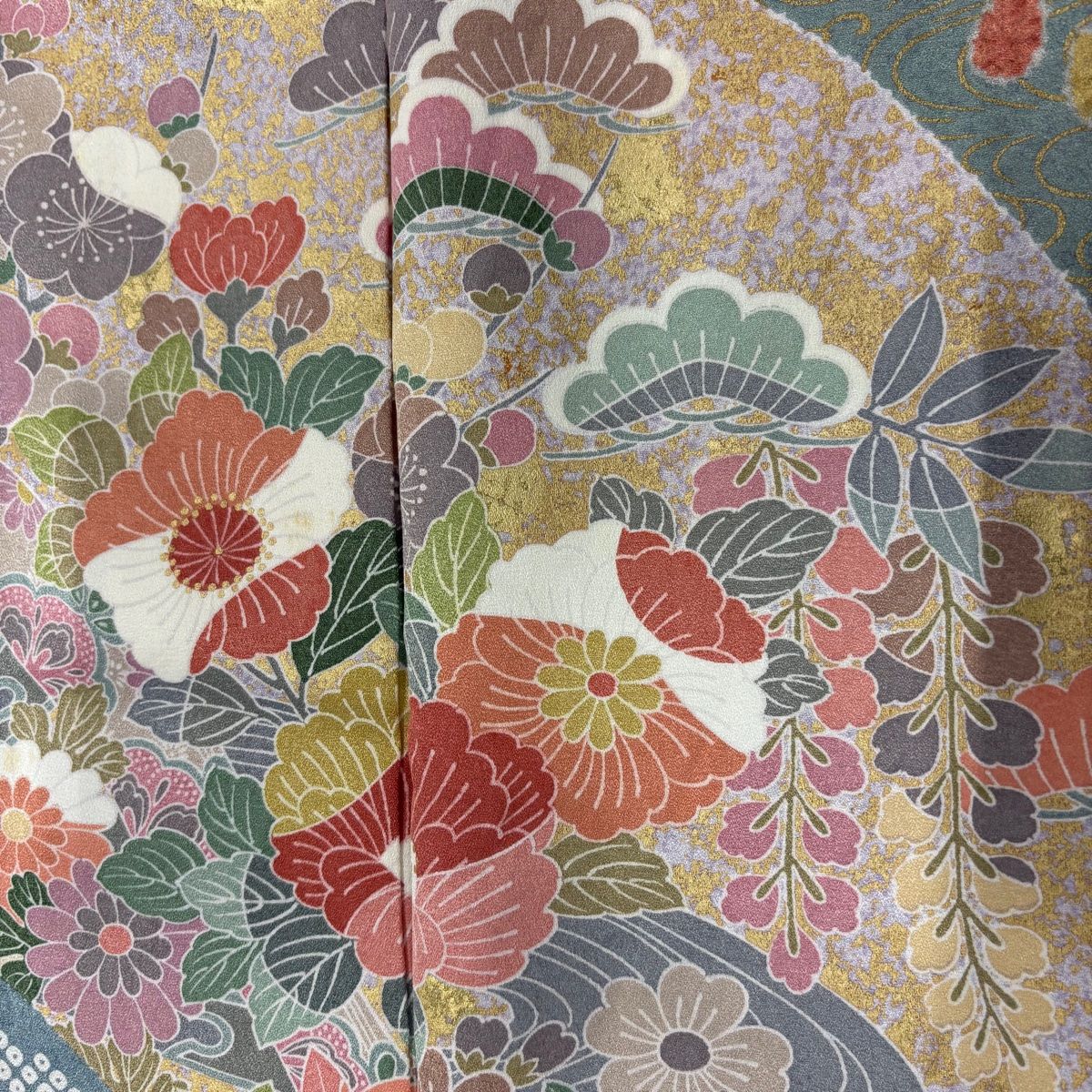  訪問着 身丈156 cm 裄丈64 M 袷 草花 波 金彩 青灰色 正絹 訪問着 付け下げ 着物