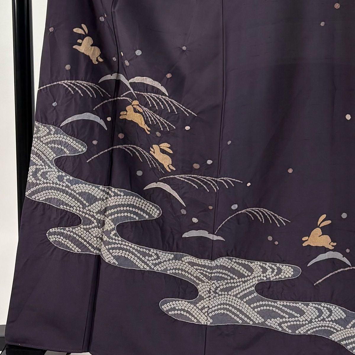 訪問着 身丈164cm 裄丈68cm L 袷 紬地 うさぎ 雪芝 汕頭刺繍 絞り 紫