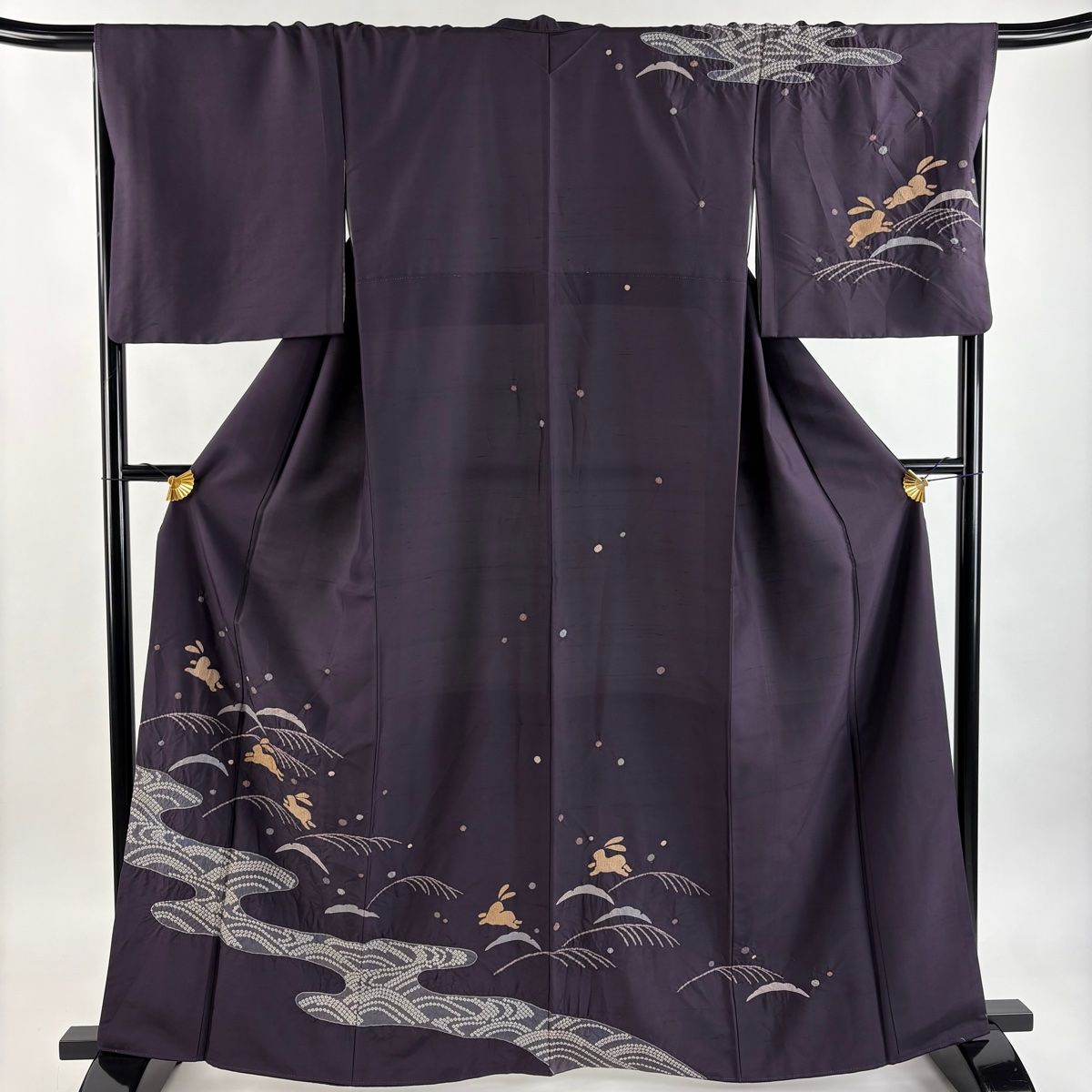 汕頭刺繍　訪問着　付け下げ　裄長　袷 訪問着 身丈164cm 裄丈68cm L 袷 紬地 うさぎ 雪芝 汕頭刺繍 絞り 紫