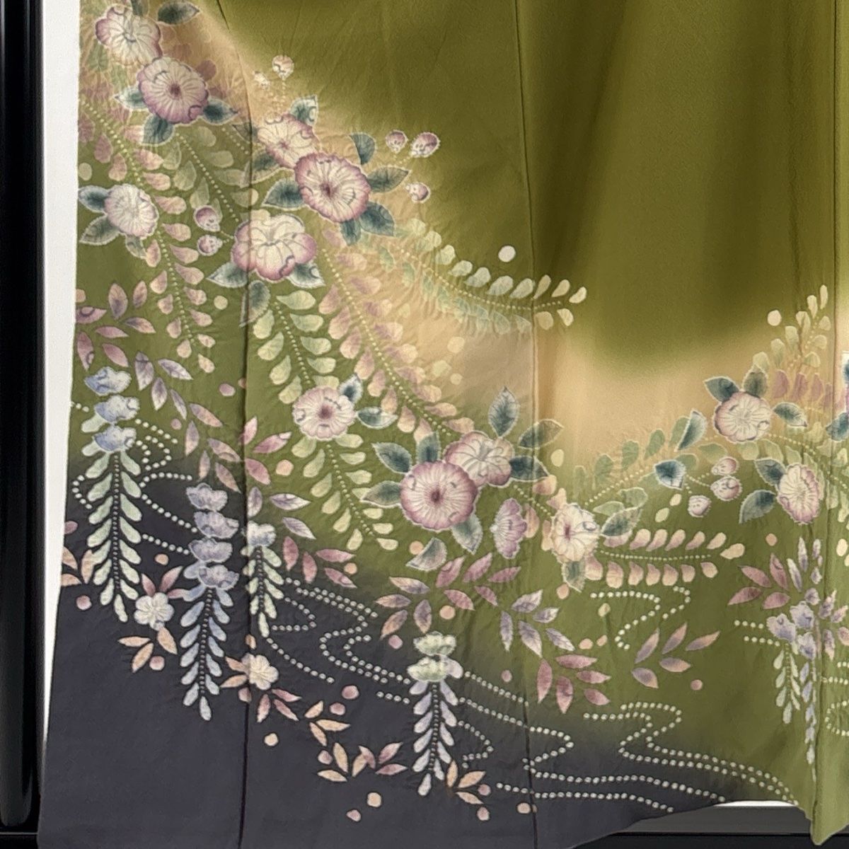 訪問着 身丈158 cm 裄丈68 L 袷 落款 辻が花柄 絞り ぼかし 鶯色 正絹