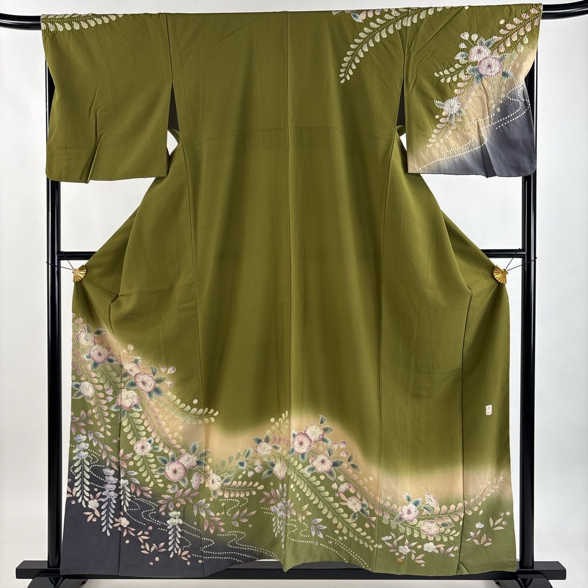 訪問着 身丈158 cm 裄丈68 L 袷 落款 辻が花柄 絞り ぼかし 鶯色 正絹