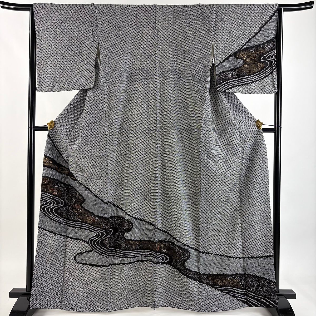 訪問着 身丈164 cm 裄丈65 M 袷 流水 扇 総絞り 金銀彩 黒灰 正絹