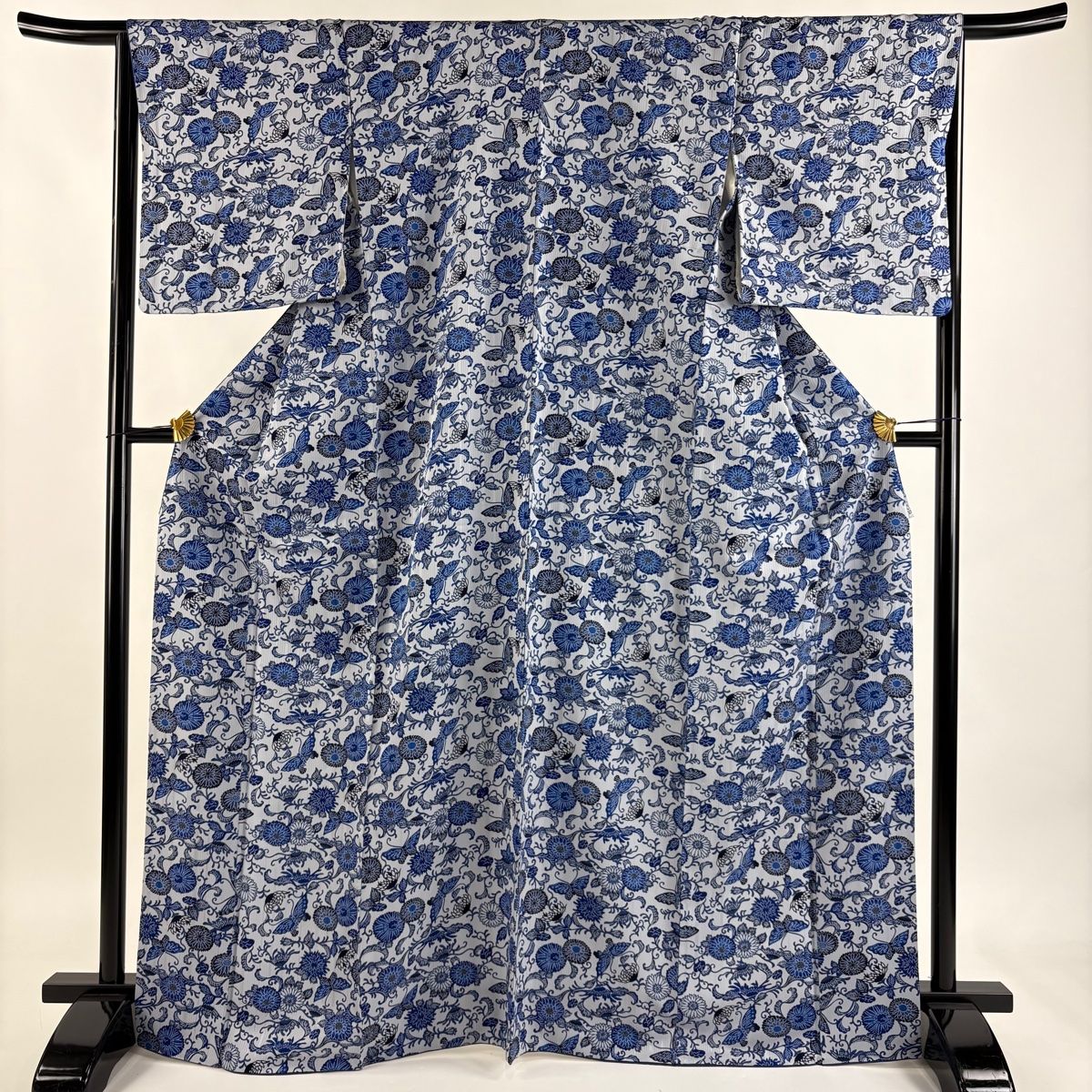 小紋 身丈168cm 裄丈66cm M 袷 菊唐草 蝶 青灰色 正絹 クリアランス