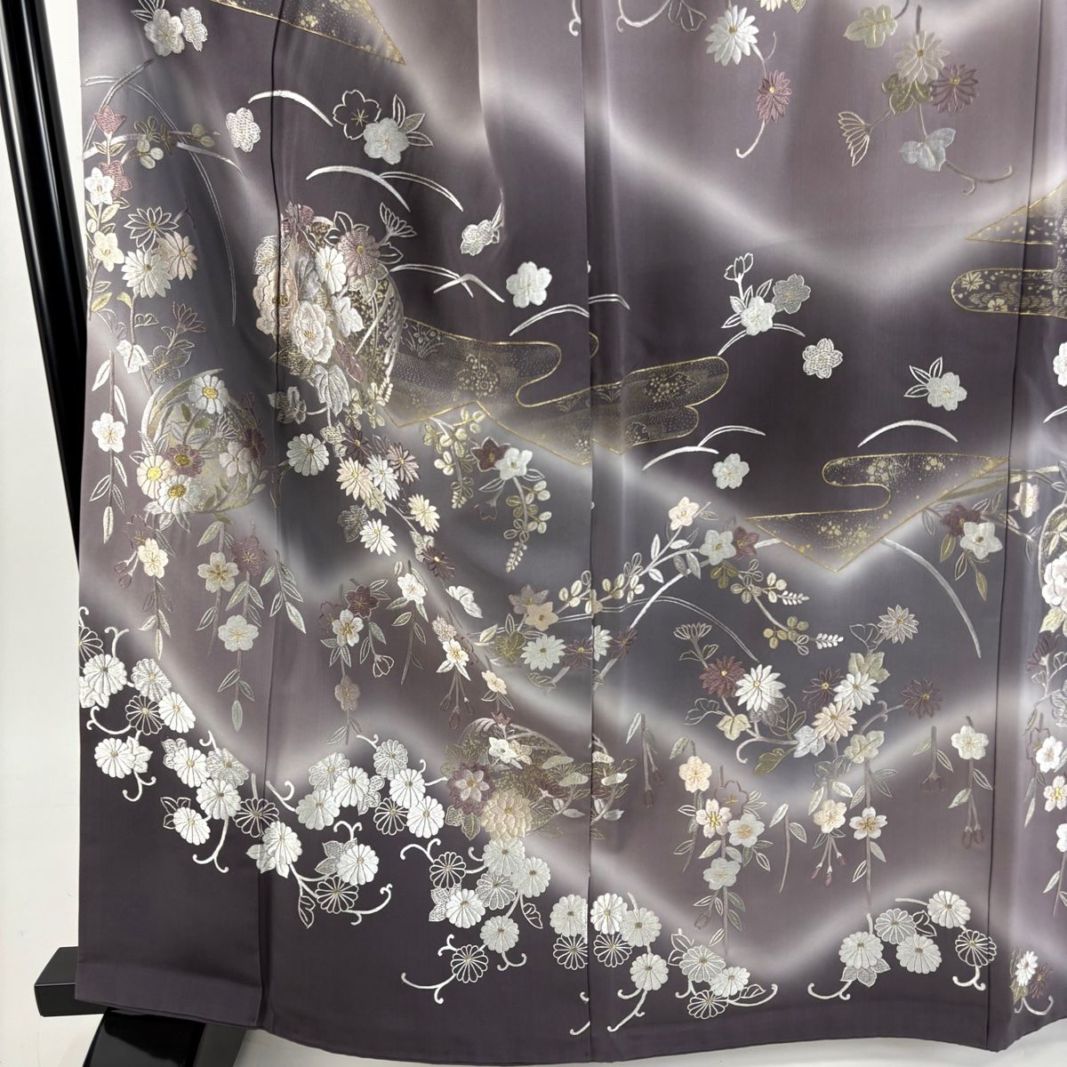 訪問着 身丈164 cm 裄丈69 L 袷 花丸文 霞 刺繍 金糸 灰紫 正絹