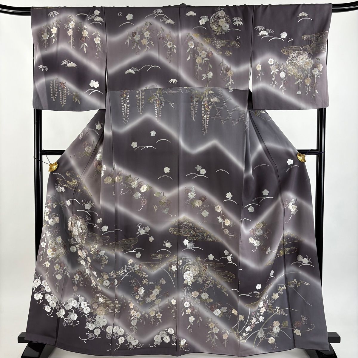 訪問着 身丈164 cm 裄丈69 L 袷 花丸文 霞 刺繍 金糸 灰紫 正絹