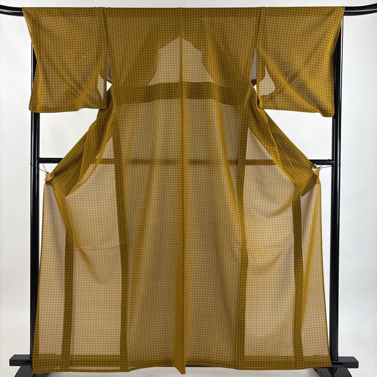 紬 身丈163.5 cm 裄丈68 L 薄物 本場黄八丈 証紙 格子 山吹茶色 正絹