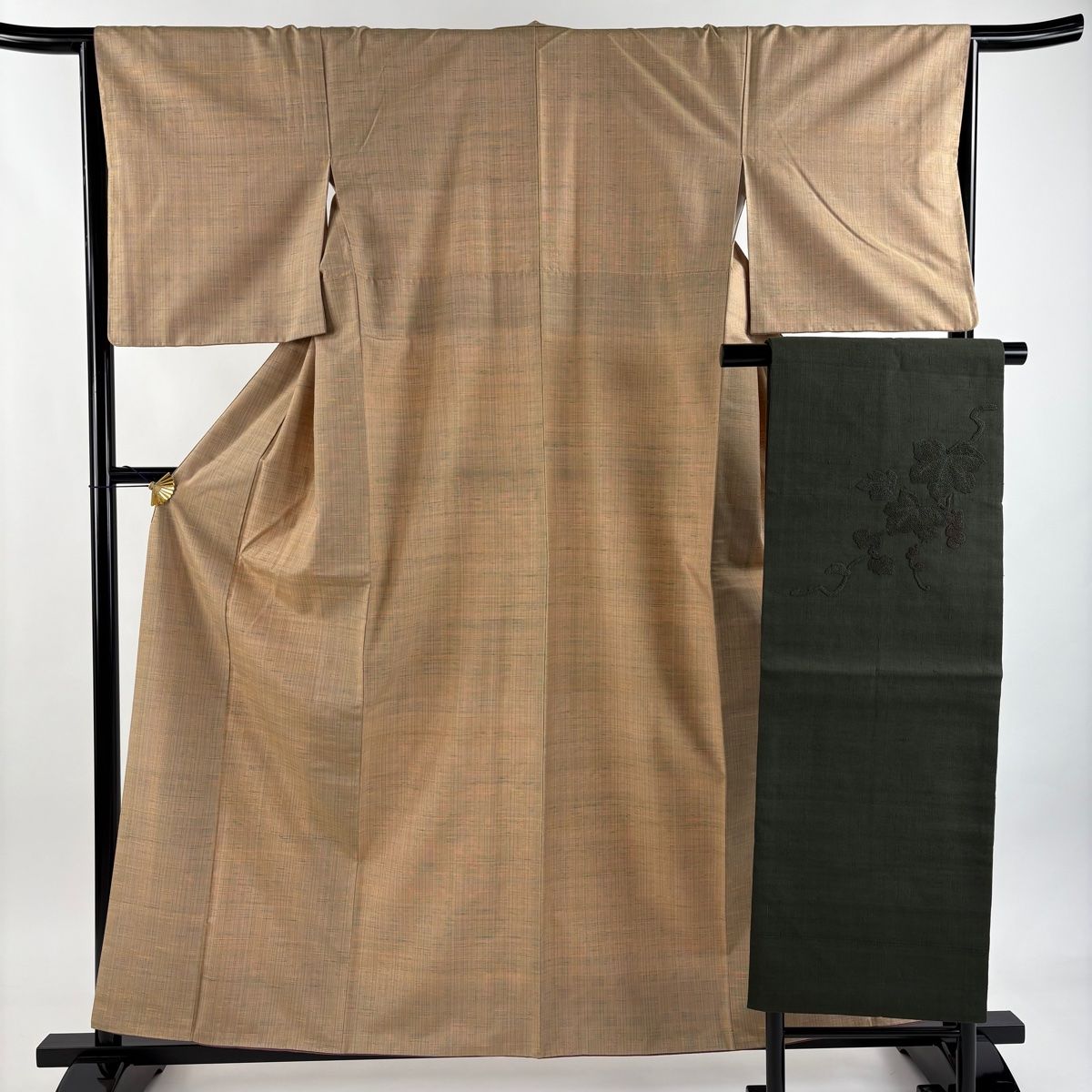 紬 身丈159 5 cm 裄丈65 M 袷 名古屋帯セット 幾何学 薄茶色 正絹 秀品