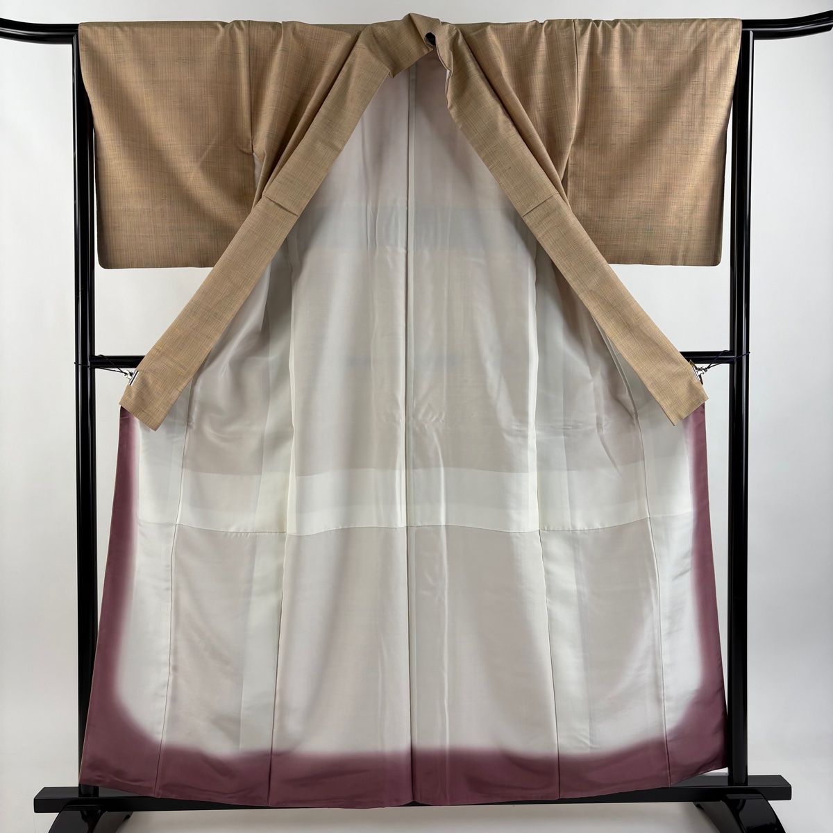  紬 身丈159 5 cm 裄丈65 M 袷 名古屋帯セット 幾何学 薄茶色 正絹 秀品 紬 着物