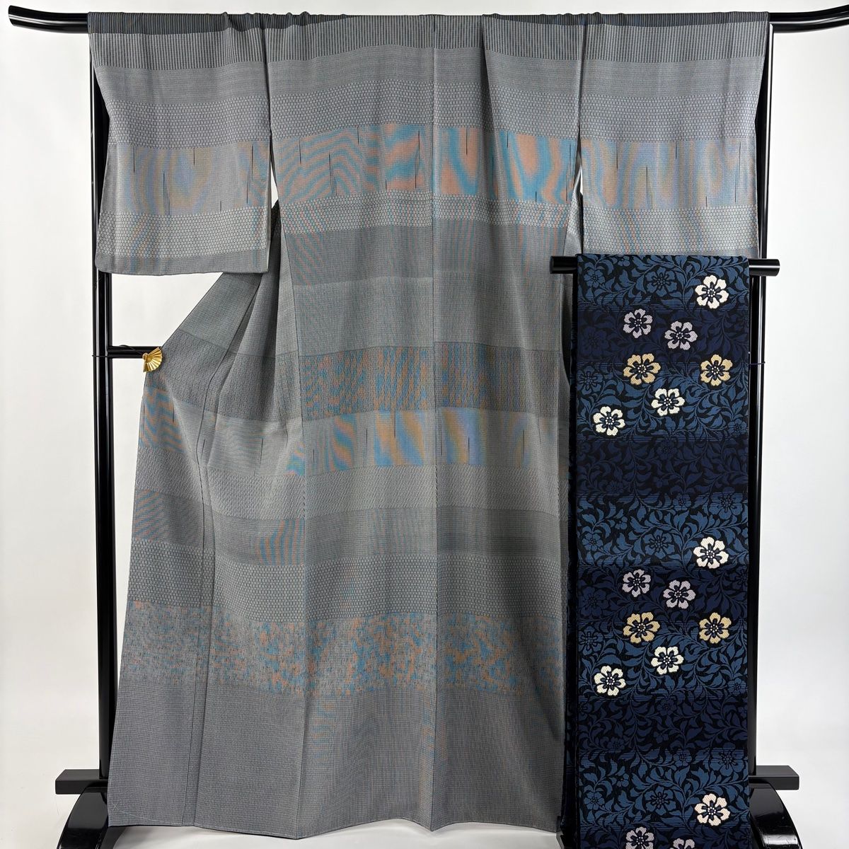 美品】 江戸小紋 身丈160cm 裄丈68.5cm L 袷 袋帯セット 落款 幾何学
