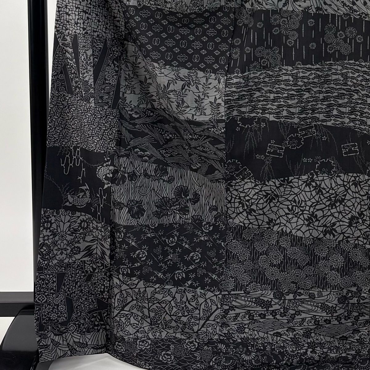 小紋 身丈172 cm 裄丈70 L 袷 袋帯セット 紬地 草花 鳥 黒灰 正絹