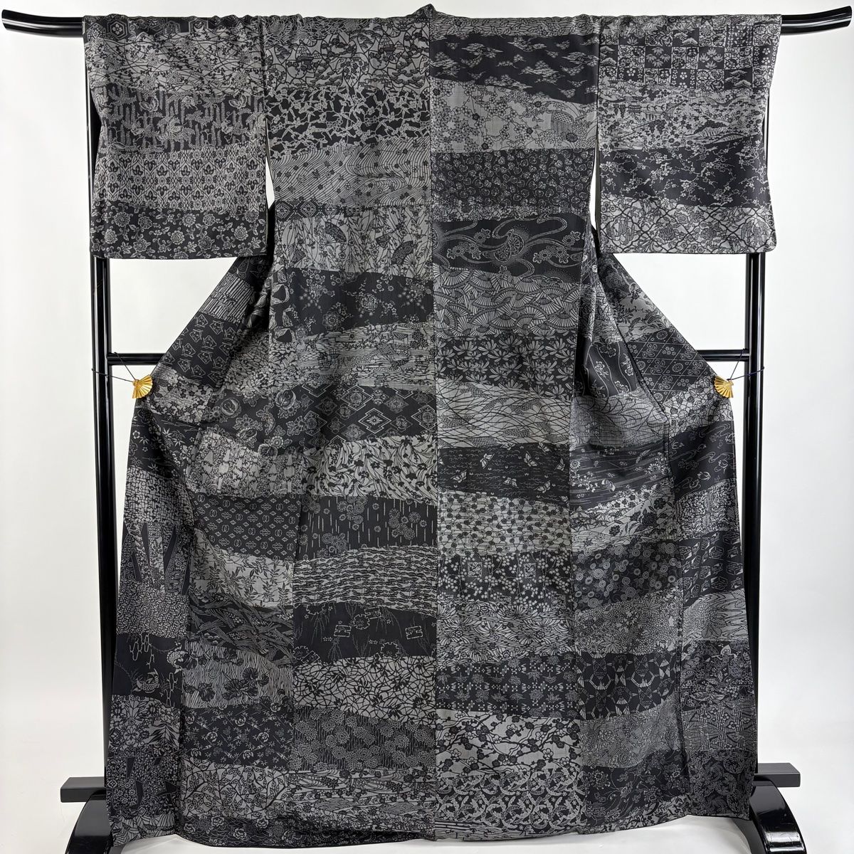  小紋 身丈172 cm 裄丈70 L 袷 袋帯セット 紬地 草花 鳥 黒灰 正絹 小紋 着物