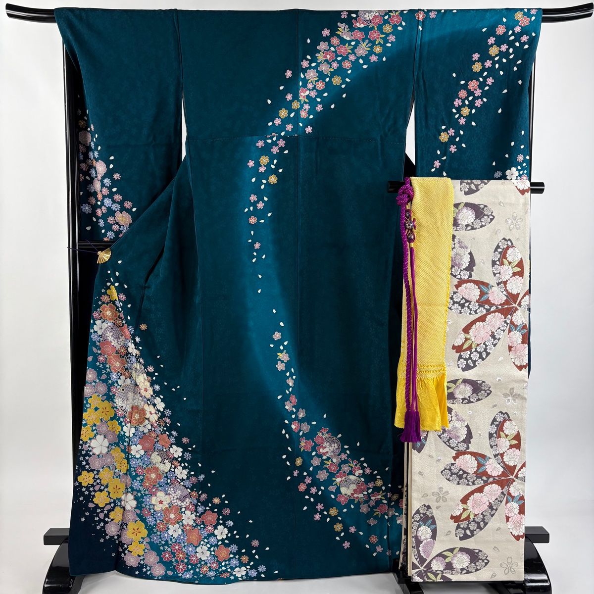 美品】 振袖 身丈170cm 裄丈68cm L 袷 袋帯フルセット 鈴 桜 金糸