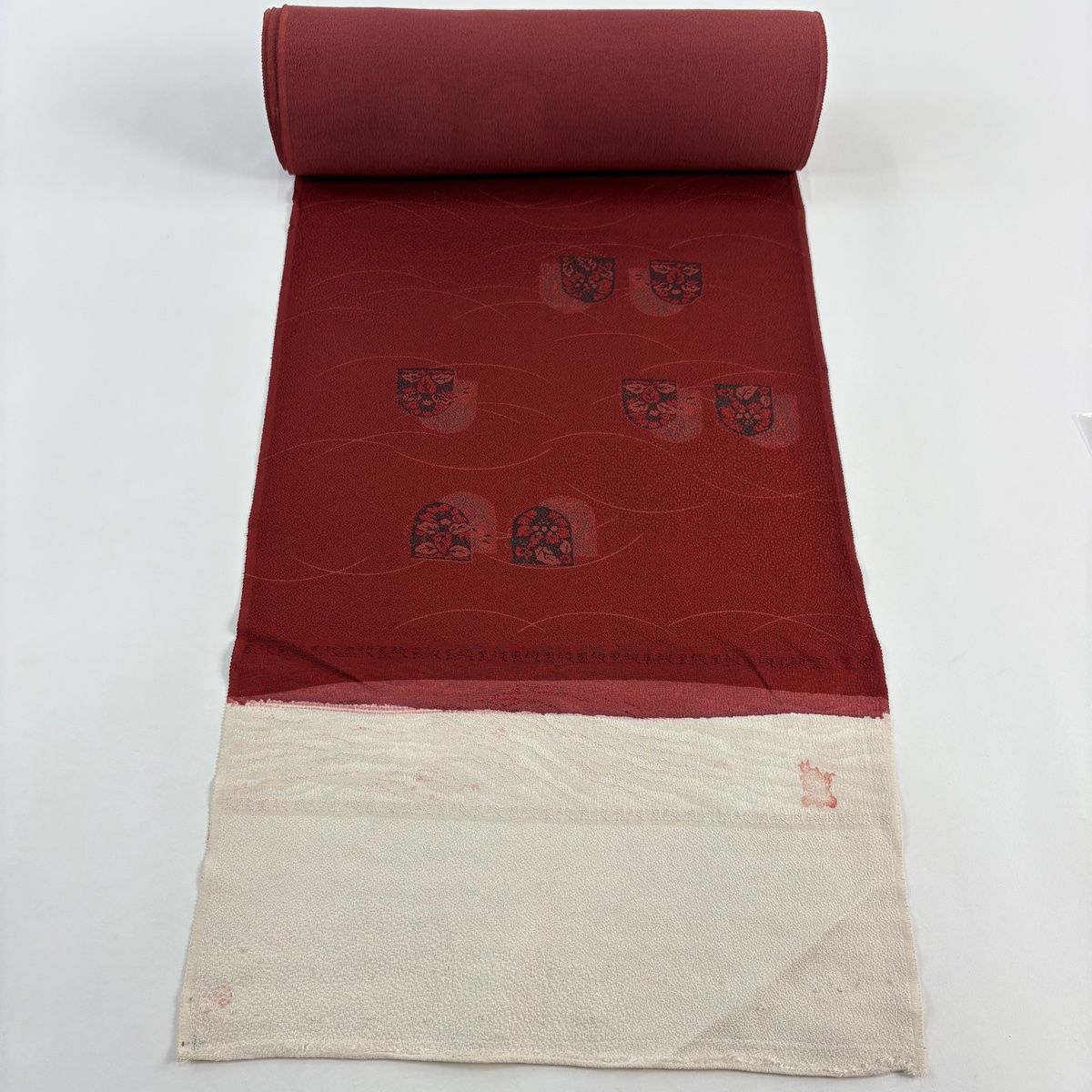 反物 秀品 小紋 草花 芝 縮緬 赤茶 正絹