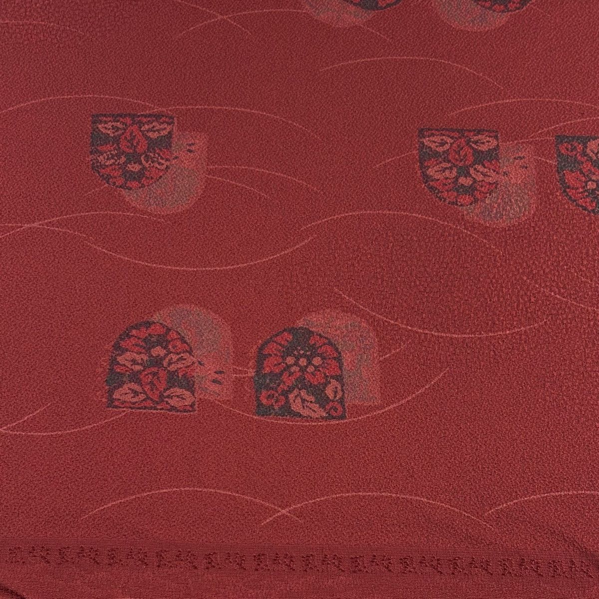 反物 秀品 小紋 草花 芝 縮緬 赤茶 正絹