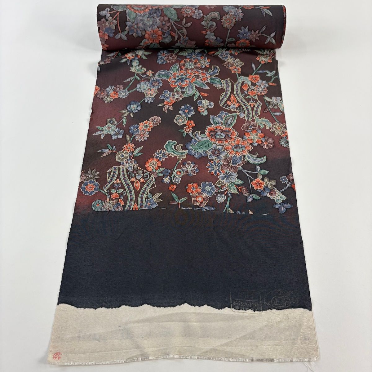 反物 秀品 小紋 草花 花唐草 ぼかし 茶紫 正絹