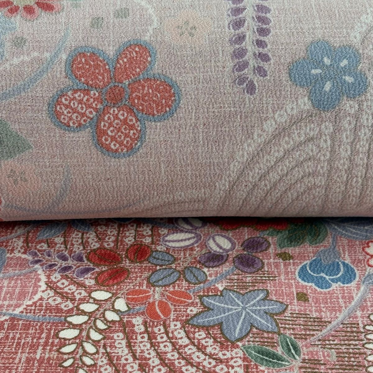  反物 秀品 小紋 草花 霞 金彩 ピンク 正絹 小紋 着物反物