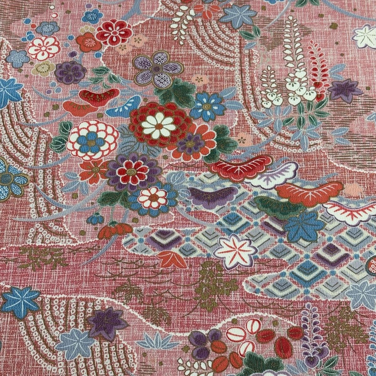 反物 秀品 小紋 草花 霞 金彩 ピンク 正絹