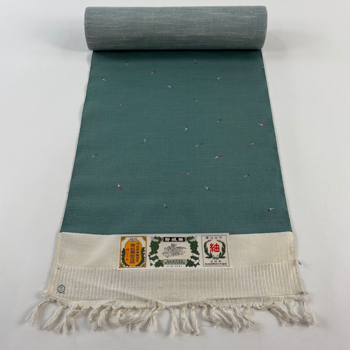 反物 秀品 小紋 紬地 証紙 茄子 薄緑 正絹