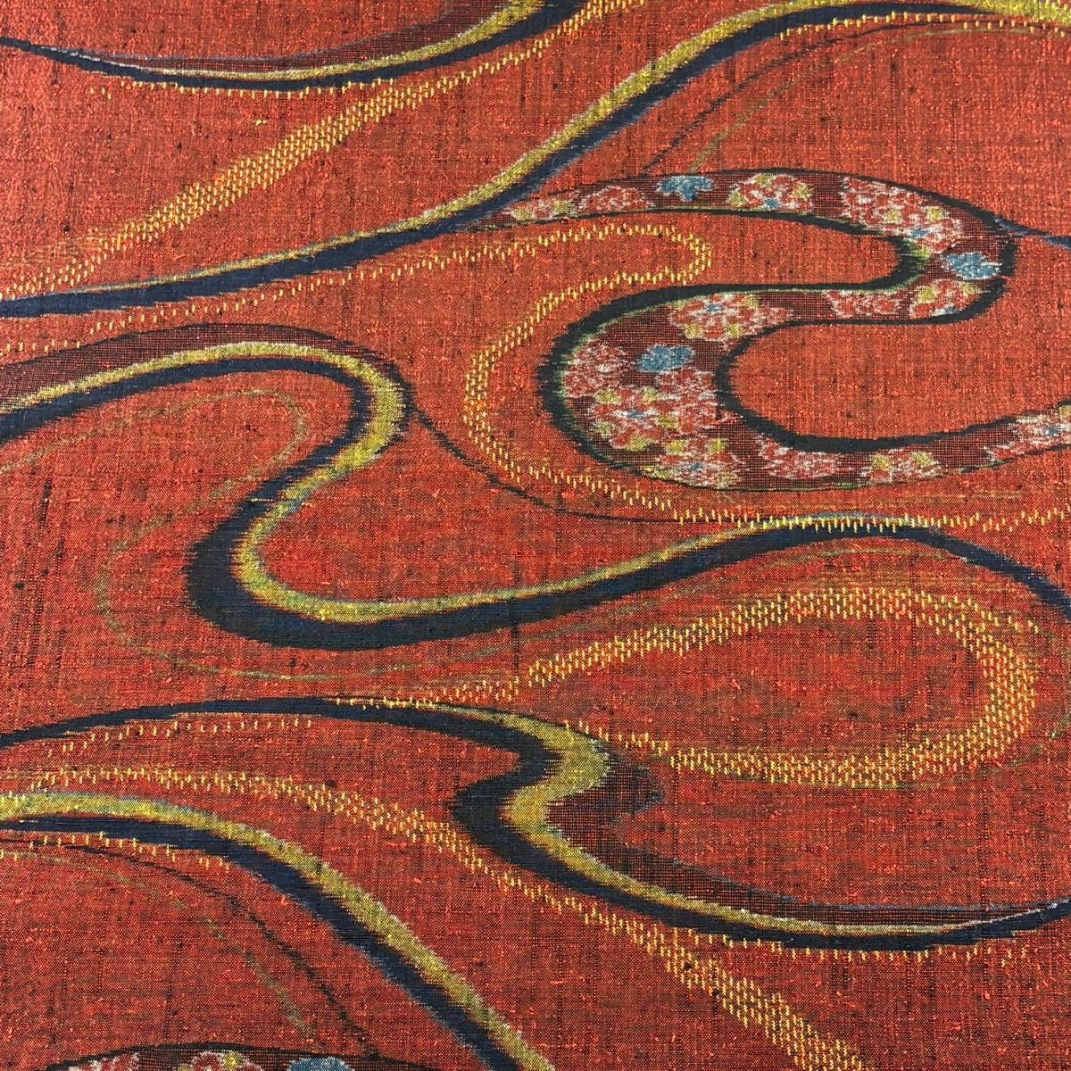 反物 秀品 紬 証紙 落款 花 流水 赤茶 正絹