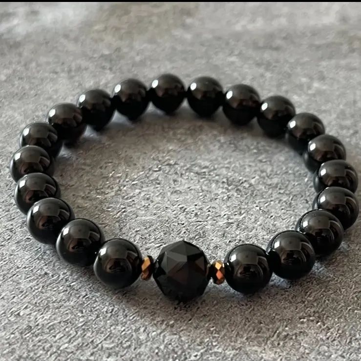 天然石ブレスレット チベット産モリオン 黒水晶 AAA＆ヘマタイト