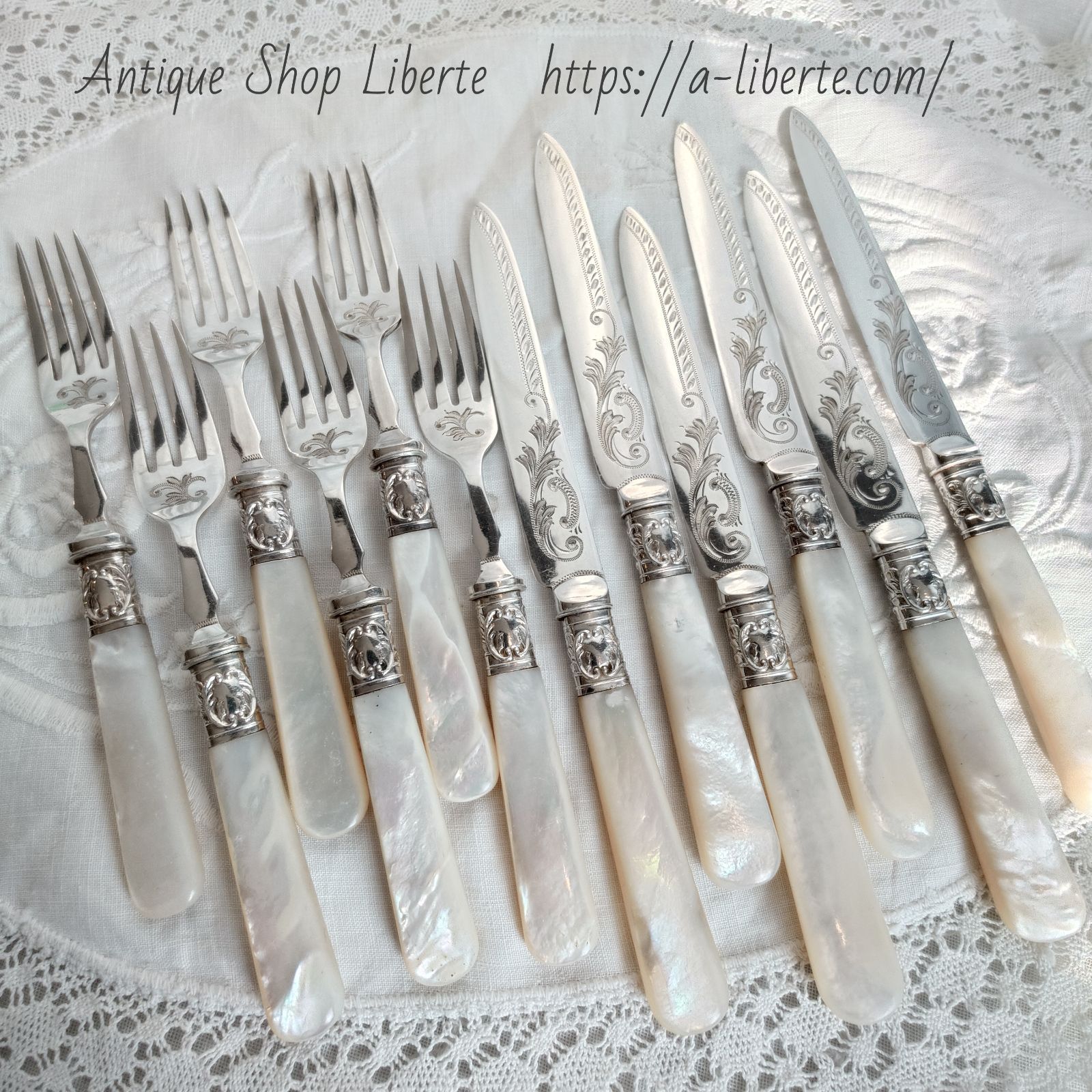 イギリス製 アンティーク 白蝶貝デザートカトラリーセット マザーオブパール