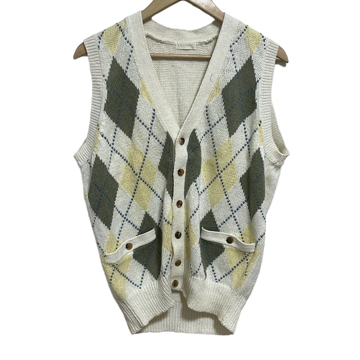 Papas パパス ベスト メンズ アイボリー カーキ マルチ ニット アーガイル