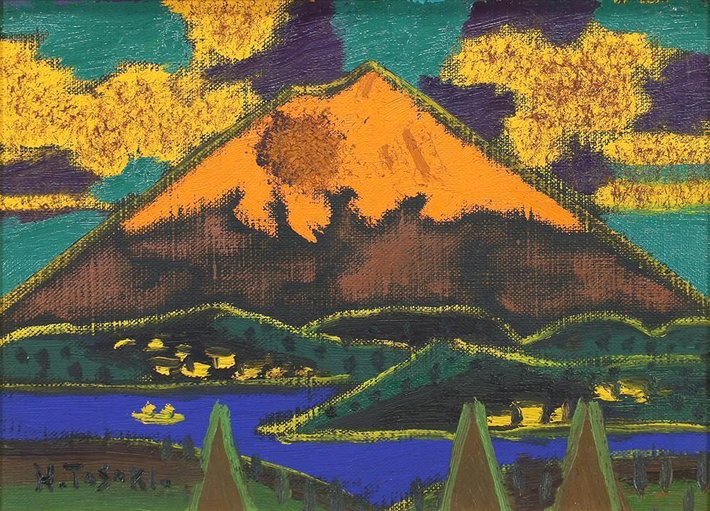 真作】【WISH】田崎広助「箱根朱富士」油彩 4号 ◇田崎暘之介鑑定