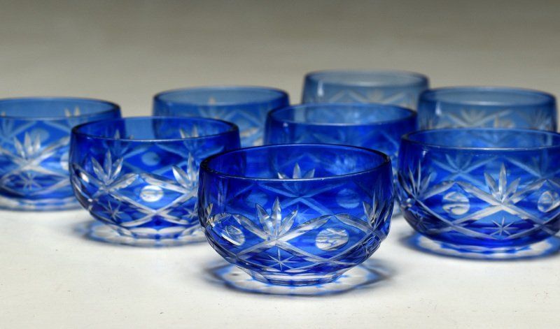 蔵C 9102 h 2 ガラス 青切子 豆鉢 つぼつぼ 九客