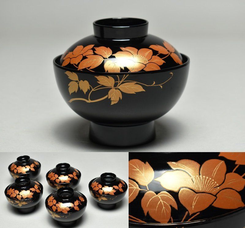 蔵A5063d】特選会津塗 蒔絵花図 吸物椀 汁椀 五客 木箱 - メルカリ