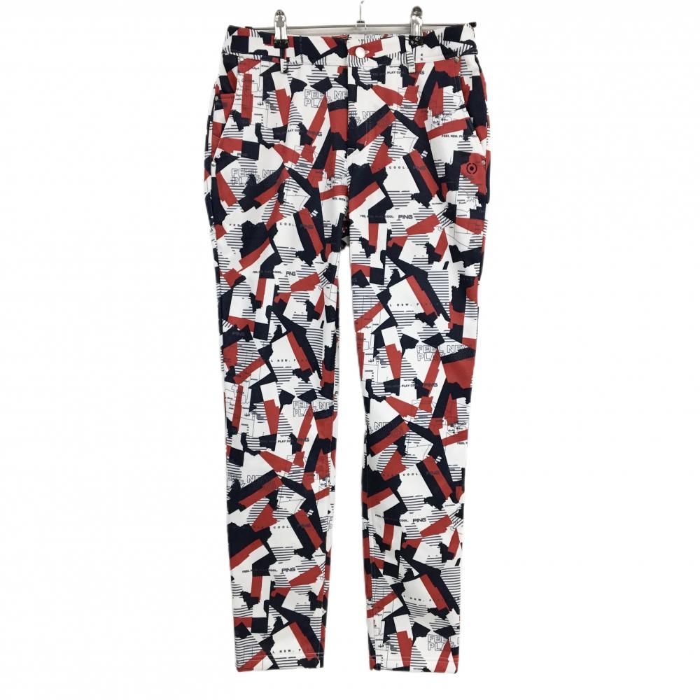 ピン パンツ 白 ネイビー レッド 総柄 裏起毛 クロスムービング レディース L ゴルフウェア PING