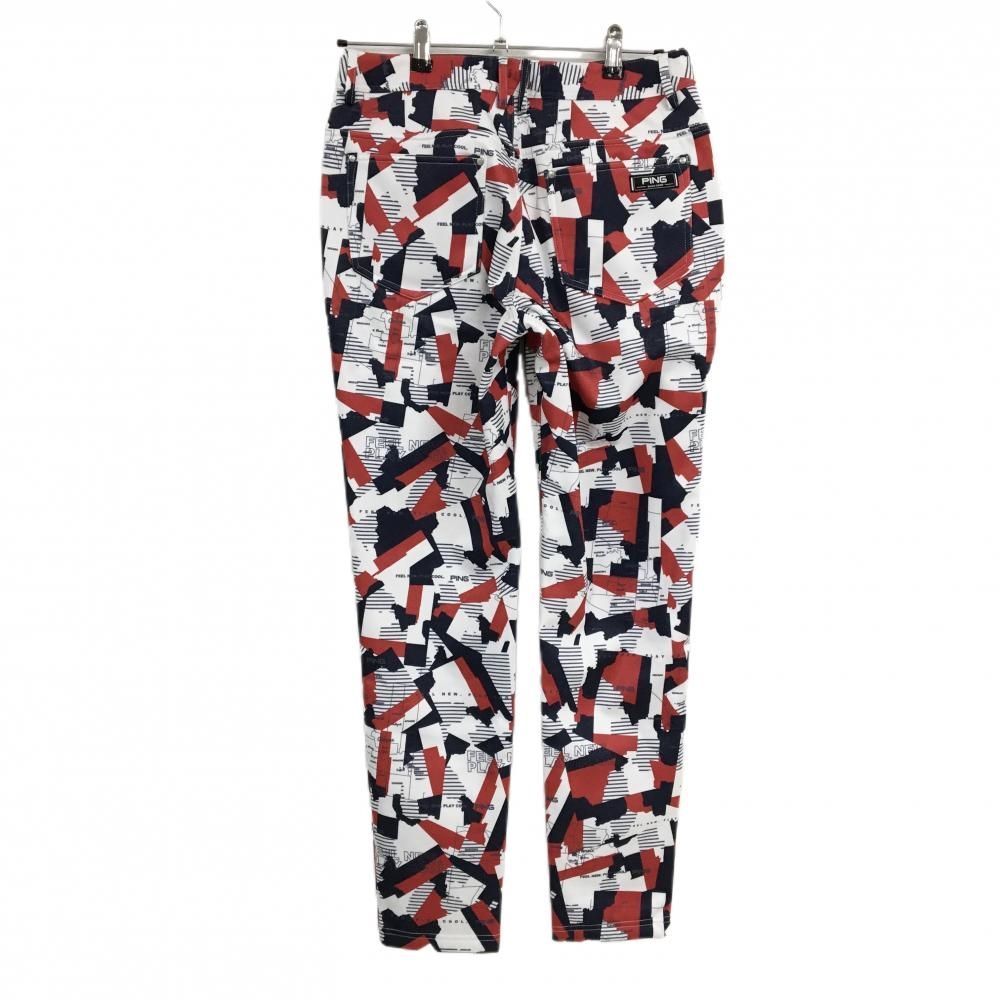 ピン パンツ 白×ネイビー×レッド 総柄 裏起毛 クロスムービング レディース L ゴルフウェア PING