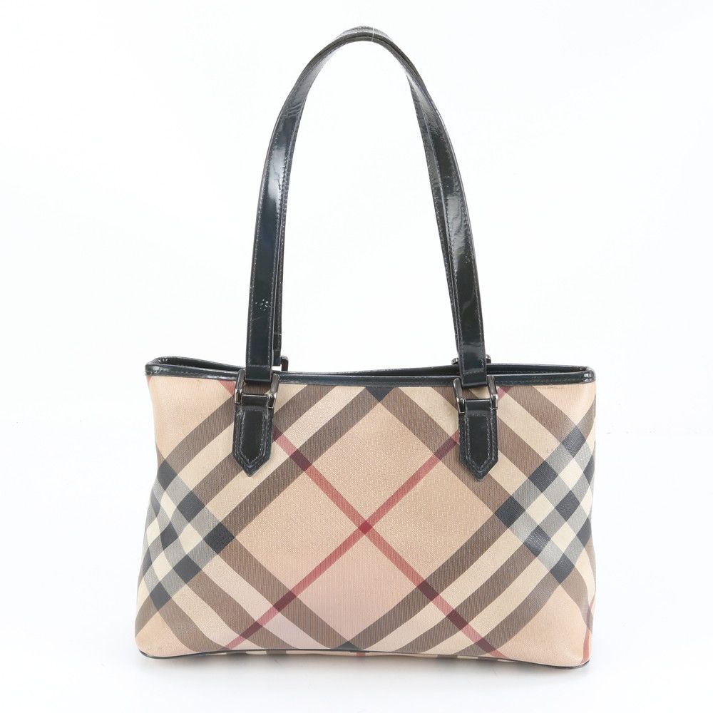 良品 BURBERRY 2wayトートバッグ レザー ノバチェック ブラック バーバリー ノバ チェック レザー トート バッグ 肩掛け ショルダー