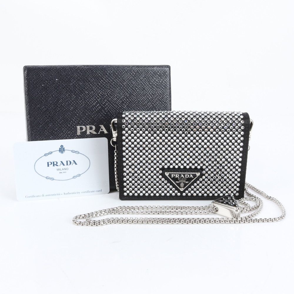 プラダ ギャランティカード付 三角ロゴ ラインストーン チェーン ショルダー 1 MR 024 レザー カードケース レディース EER DB 22 7