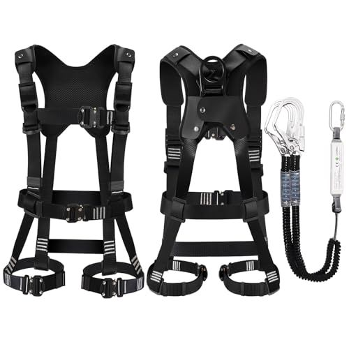 UTOPKU フルハーネス安全帯 新規格 セット 脱着簡単 腹部と胸と脚ワンタッチバックル 便利 安全 水平型腿ベルト 伸縮式 ダブルランヤード ハーネス 安全帯 墜落制止用器具 高所作業用 日本語説明書 使用 質量 1 fb 3 a 359 f