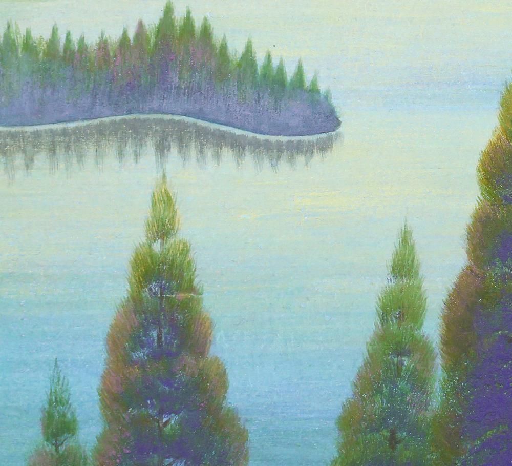 真作】【WISH】川本末雄「山湖」日本画 6号 金泥仕様 共シール ◇静寂